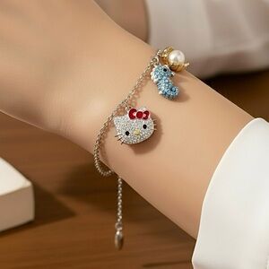 Sterling Silver Hello Kitty Crystal Zircon Bracelet Cute Sparkly Charm